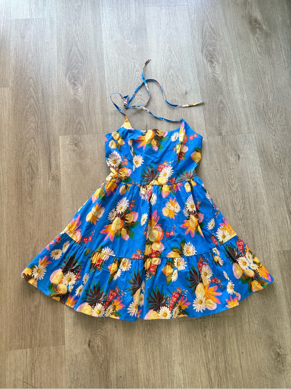 hutch blue and yellow lemon floral halter fit & flare mini sun dress small NEW